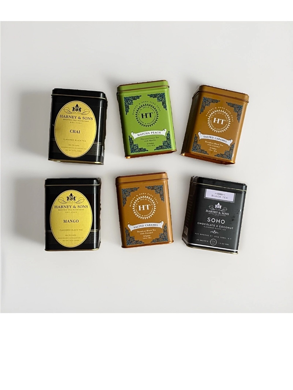 Harney & Sons + HT Six (6) Assorted Tea Tin Set — Yellow, Green, Bronze, Black